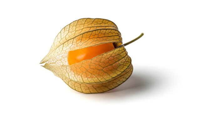 Single Vibrant Orange Physalis Fruit Encased in A Delicate, Lacy Husk, Captured Against A Bright White  Concept Delicious Food