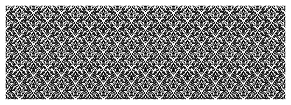 Elegant damask pattern with dense fleur de lis floral ornaments in monochrome vector style