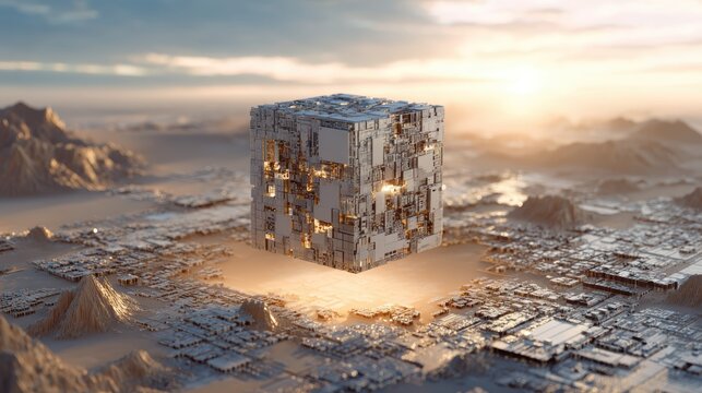 Futuristic cube structure floating over alien landscape sunrise