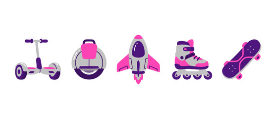 Modern transportation set hoverboard unicycle rocket roller skates skateboard, futuristic personal mobility vehicles and toys, vibrant purple and pink color scheme for urban kids travel and lifestyle © Fernando