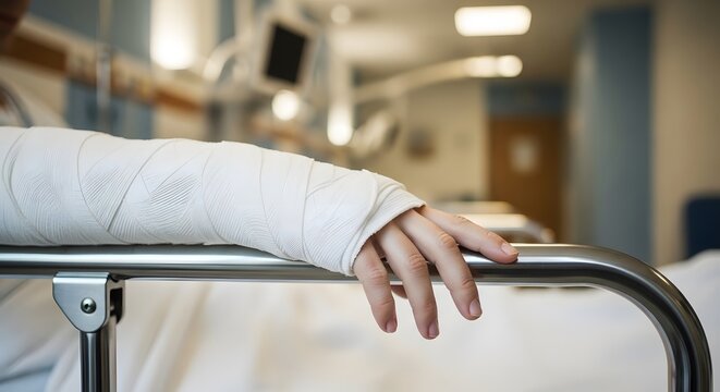 Hospital patient resting in bed with arm in a cast