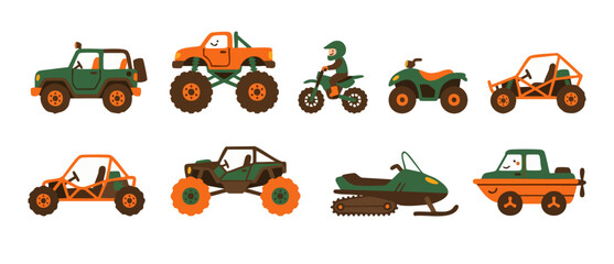 Off-road vehicle set flat vector illustration, adventure motorcars collection with monster truck, dirt bike, dune buggy and snowmobile for kids design isolated on white background, cartoon transport i © Fernando