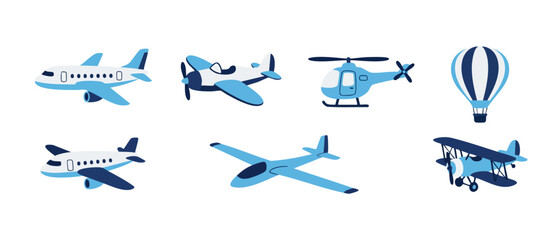 Airplane and Aircraft Set, Flat Vector Icons of Aviation Vehicles for Kids. Collection of Blue Transportation Objects including Airplane, Helicopter, Glider, Biplane and Hot Air Balloon on White Backg © Fernando