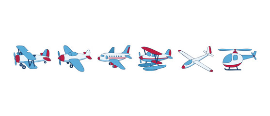 Airplane and helicopter collection set, cute cartoon aircraft vector illustration for children, various flying vehicles including biplane, passenger jet, seaplane, glider and helicopter in flat style © Fernando