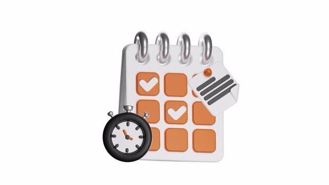 3d ux icon motion calendar with checkboxes and a stopwatch for scheduling tasks. Suitable for productivity concepts, time management, organization, planning tools, and scheduling.