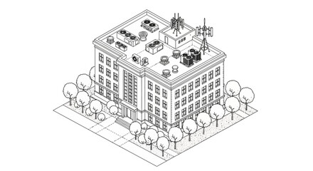 Naklejka premium Detailed isometric line drawing of a modern office building with rooftop equipment and surrounding trees.