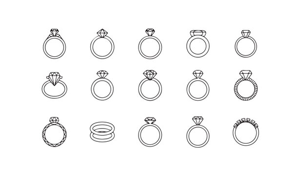Diamond engagement ring icon set featuring various luxury jewelry designs and gemstone shapes vector.