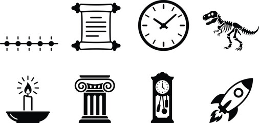 History vector illustration set, stylized silhouettes with timeline, scroll, clocks, fossil, candle, column and rocket motifs © MD AMINUR