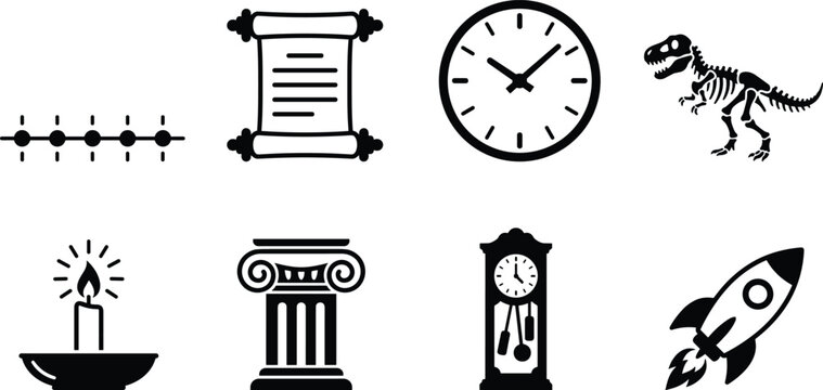 History vector illustration set, stylized silhouettes with timeline, scroll, clocks, fossil, candle, column and rocket motifs