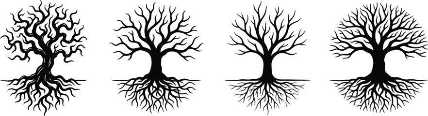 Obraz premium Tree vector illustration set, stylized branching silhouettes with roots showing growth, symmetry and transformation for nature designTree vector illustration set