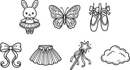 Whimsical ballet and fairy themed vector illustration set with bunny dancer, butterfly, pointe shoes, magic wand, skirt, bow, and cloud © MD AMINUR