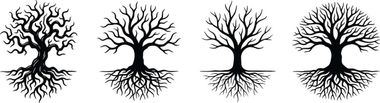 Tree vector illustration set, stylized branching silhouettes with roots showing growth, symmetry and transformation for nature designTree vector illustration set