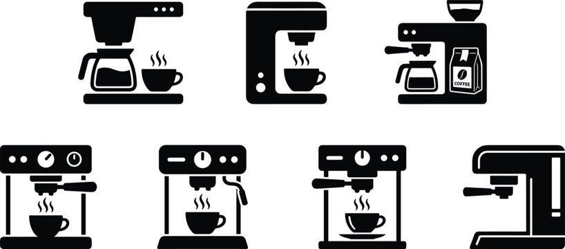 Coffee machine vector illustration set, stylized silhouettes with drip maker, grinder, espresso machines and brewing motifs