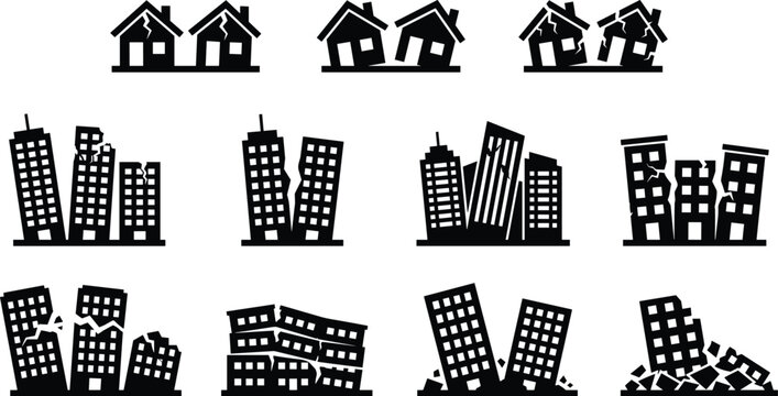 Damaged building vector illustration set, stylized earthquake icons with cracked houses and collapsing skyscrapers for disaster design