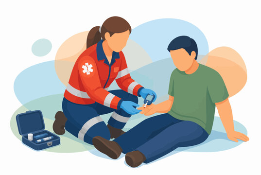 Paramedic testing blood glucose of patient in emergency scenario