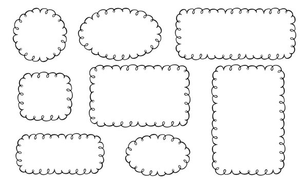Scribble crayon doodle scalloped frames set. Chalk grunge girly blobs for text. Fluffy, wiggle label, stamp. Wavy whimsical edges curly doodle border.