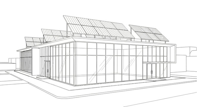 Architectural sketch of a modern building featuring large glass windows and rooftop solar panels, emphasizing sustainable design and energy efficiency.