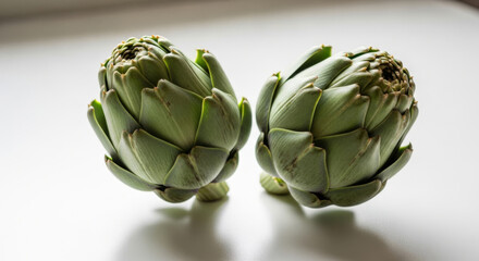 Fototapeta premium Two Fresh Green Artichokes Displayed on A White Surface, Highlighting Their Unique Texture and Shape Concept Delicious Food