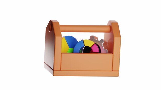 3d ux icon motion wooden toolbox filled with colorful toys on white background, suitable for childrens playroom or educational concept in design projects.