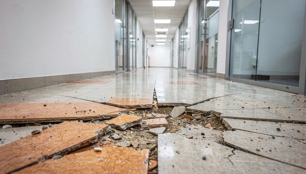 Damaged Hallway Floor After Environmental Disaster or Earthquake, Cracked Tiles and Debris in Long Office Corridor, Destruction