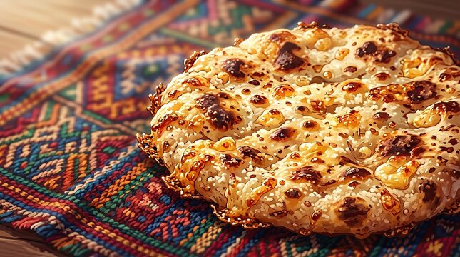 Generated ai set photos Golden Roghni Naan Flatbread on Intricate Patterned Textile