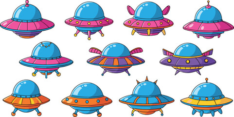 Cartoon UFO Spaceship Set with Colorful Flying Saucers Alien Vehicles Vector Collection for Sci Fi Game and Kids Space Illustration © Priyanka
