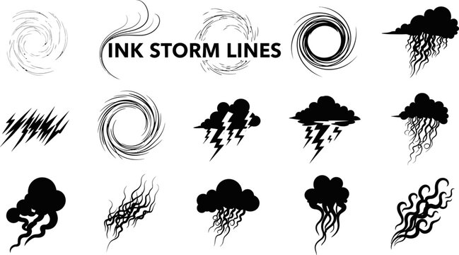 Ink storm lines swirls and cloud shapes eps set.