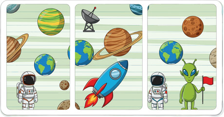 Space Adventure Card Set with Astronaut Rocket Planets and Alien Cartoon Vector Illustration for Kids Game and Educational Design © Priyanka