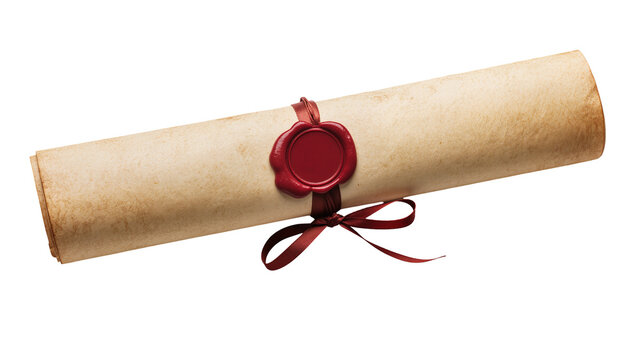 Antique parchment scroll sealed with crimson wax and brown ribbon