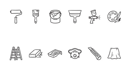 Fototapeta premium A collection of black and white line art icons depicting various tools used for painting and home improvement projects, ideal for design concepts.