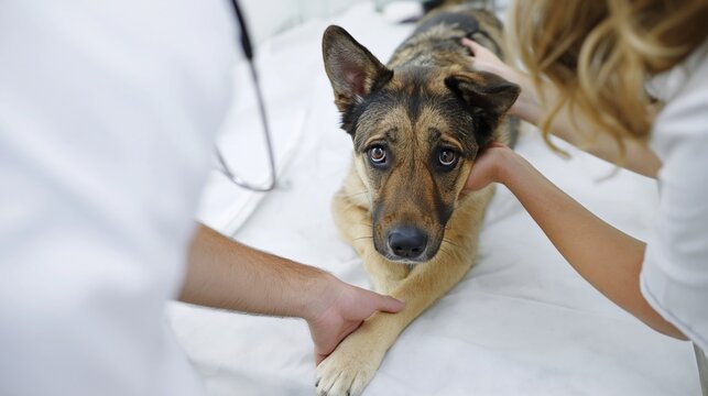 German shepherd dog looking apprehensive during a veterinary medical examination, receiving care and comfort from professional veterinarians in a modern pet clinic