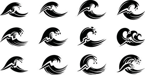 Fototapeta premium Ocean wave silhouette set with dynamic water splash movement for surfing branding eps file.