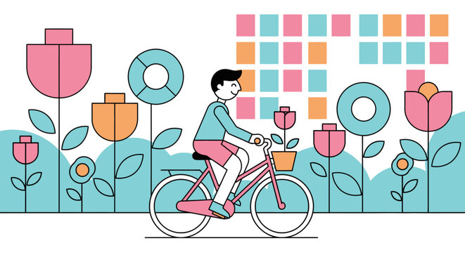 Man riding bicycle past abstract flowers and colorful sticky notes
