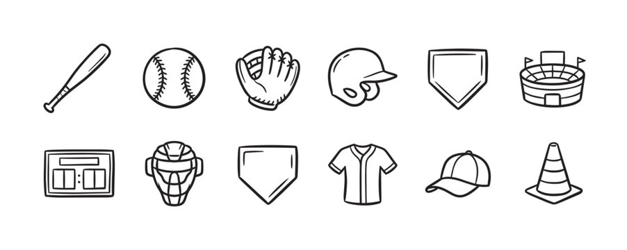 A black and white collection of hand-drawn vector icons depicting various baseball equipment and symbols, perfect for sports themes and designs.