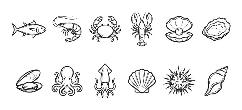 A collection of hand-drawn black and white seafood icons including fish, shrimp, crab, lobster, oysters, mussels, octopus, squid, scallops, sea urchin, and a seashell.
