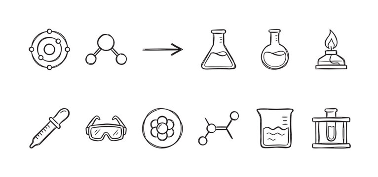 A hand-drawn doodle set of science icons including molecules, beakers, a Bunsen burner, and safety goggles, perfect for educational or scientific concepts.