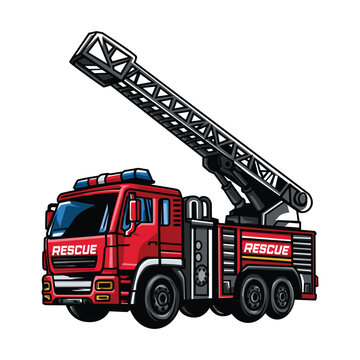 Fire Truck Rescue Vehicle Illustration with Ladder Isolated on White Background