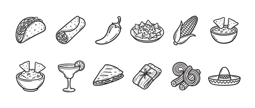 A collection of black and white hand-drawn line art icons representing popular Mexican food and drink items, perfect for culinary themes and designs.