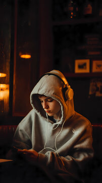 Young person in hoodie scrolling through music playlist in a dimly lit cafe, Generative AI illustrations.