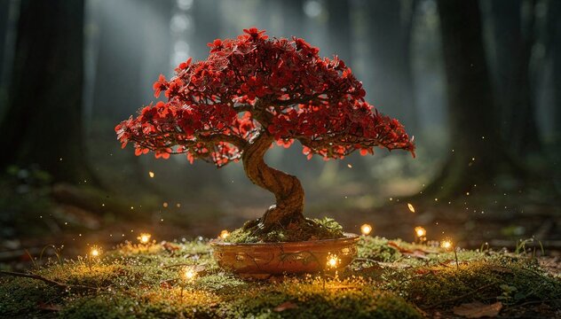 Enchanting Red Maple Bonsai Tree Bathed in Ethereal Light Amidst a Mystical Forest Floor, Surrounded by Glowing Orbs and Airborne Sparkles of Magic