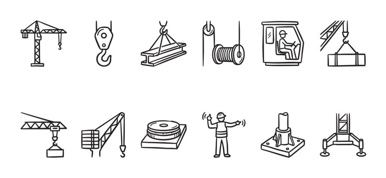 A collection of hand-drawn outline icons depicting various construction crane elements, including towers, hooks, beams, operator cabins, and a worker, on a white background for easy use.
