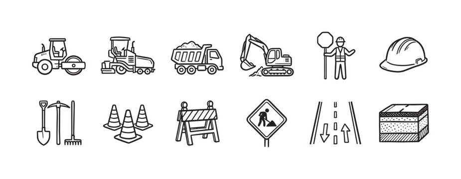 This collection features a variety of line art icons representing construction equipment, safety items, and roadwork elements, perfect for graphic design and informational use.
