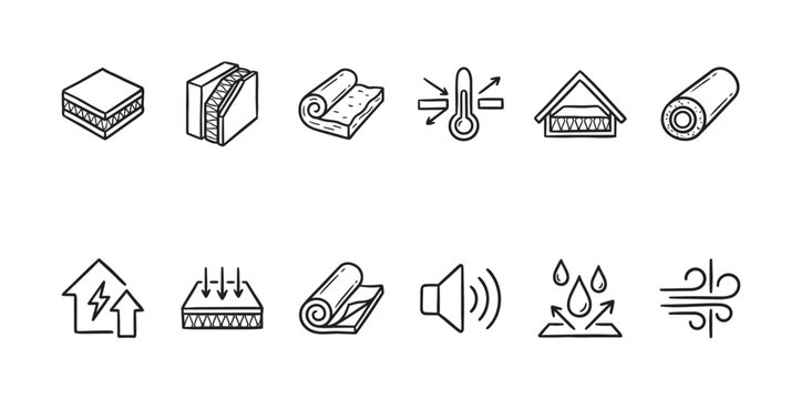 A set of simple black and white line icons illustrating various aspects of building insulation, including materials, thermal properties, soundproofing, and weather resistance.