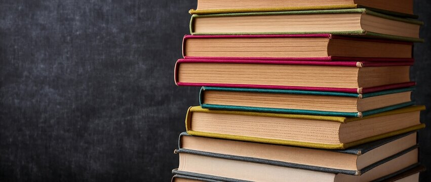 Stack of colorful books on dark background