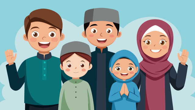 Happy Muslim Family with Parents and Children Wearing Traditional Clothes