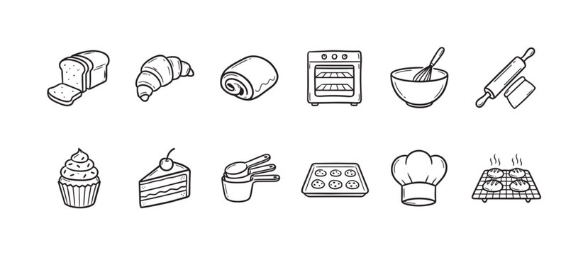 A simple, hand-drawn black and white vector illustration set featuring various baking and pastry items, perfect for culinary themes and recipes.