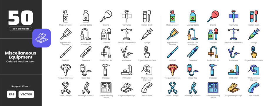 Miscellaneous equipment tools icon set collection - colored outline line art style. Containing bandage, scissors, blood bag, cannulas, cathethers, cotton swab, dropper, enema, finger pulse oximeter.