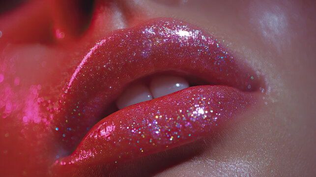 Sexy lips kissing in neon UV disco concept. Close-up of sparkling lips with vibrant gloss and glitter.