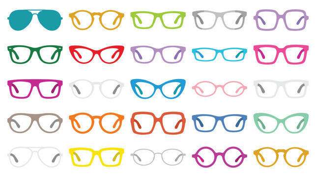 Collection of colorful eyeglasses frames in various shapes and styles.