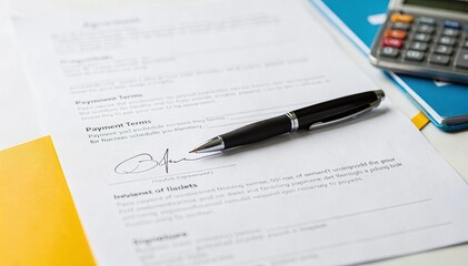 Obraz premium Close-up of a signature on an official document with a black pen and a calculator in the background, signifying agreement and important decisions